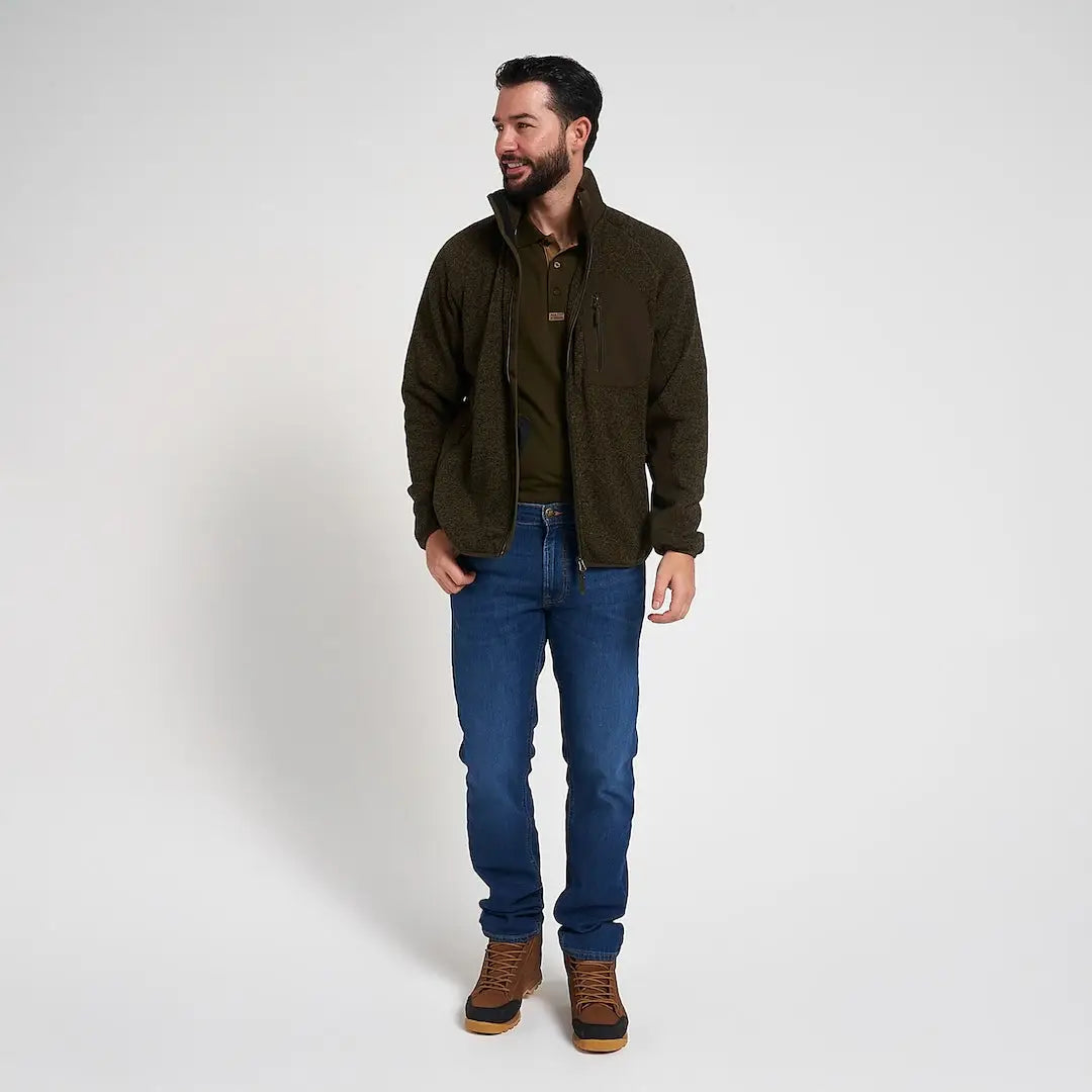 Jack Pyke Weardale knitted jacket in olive green fleece with high collar and zip pockets