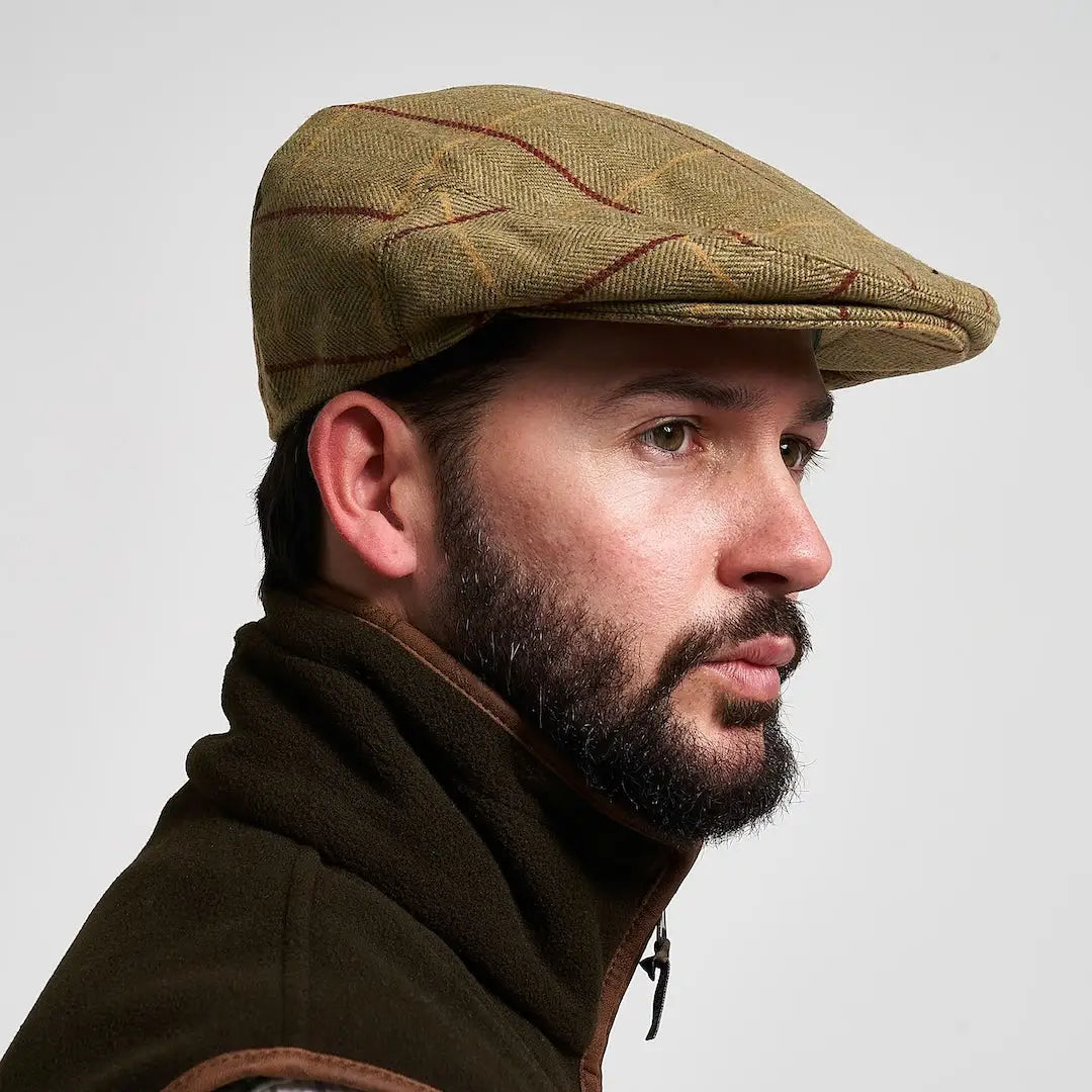 Jack Pyke wool blend flat cap in tan tweed with herringbone pattern