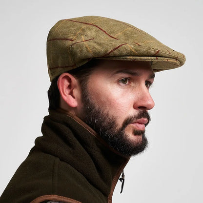 Jack Pyke wool blend flat cap in tan tweed with herringbone pattern