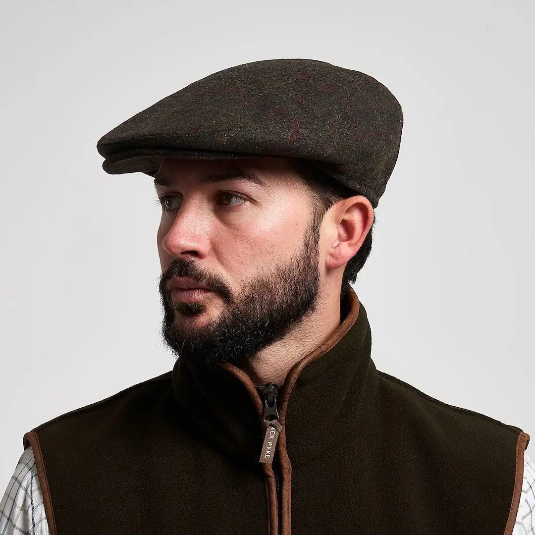 Jack Pyke wool blend flat cap in dark brown tweed weave