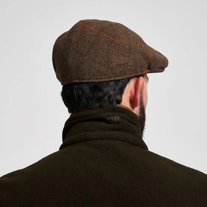 Jack Pyke wool blend flat cap in brown herringbone tweed with red check