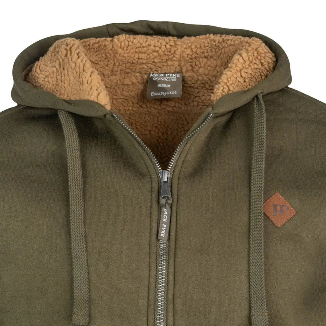 Men’s olive green Jack Pyke Yakka Hoodie with zip-up style and brown sherpa lining
