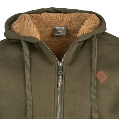 Men’s olive green Jack Pyke Yakka Hoodie with zip-up style and brown sherpa lining