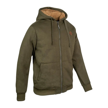 Men’s olive green Jack Pyke Yakka Hoodie with brown sherpa lining for cozy style