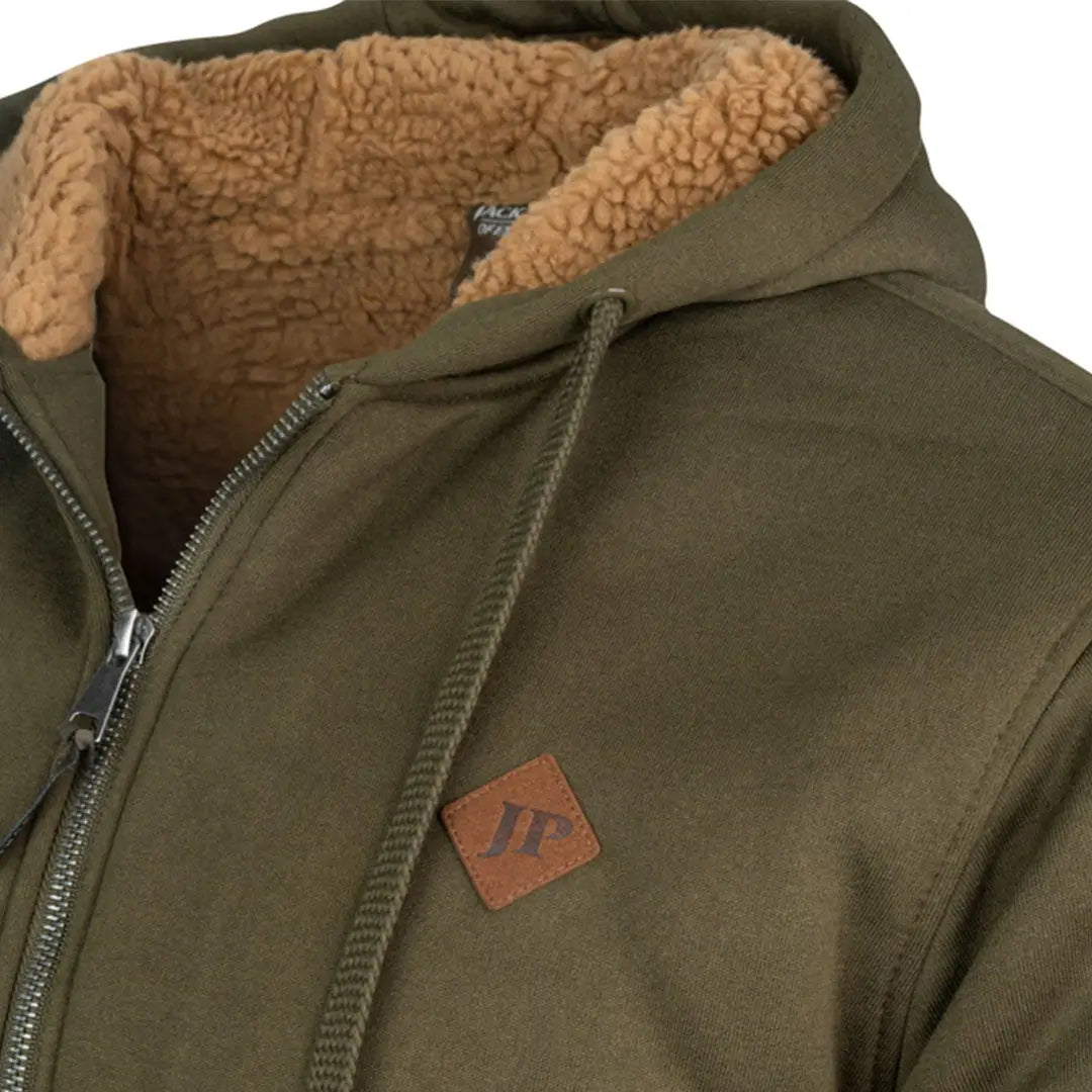 Olive green Jack Pyke Yakka Hoodie with brown faux fur lining and zipper closure