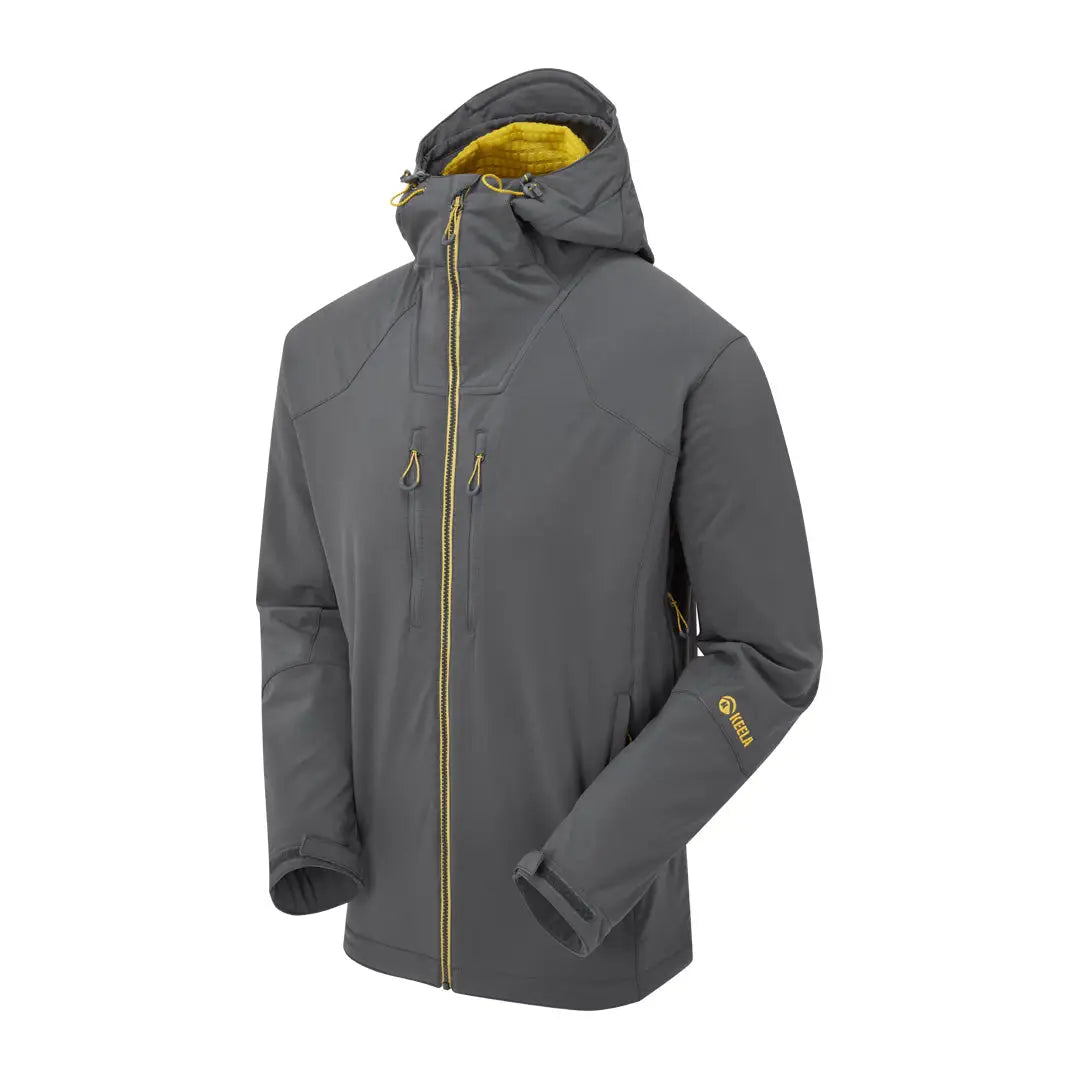 Gray Keela Hydron Softshell Jacket with yellow zipper and lining details