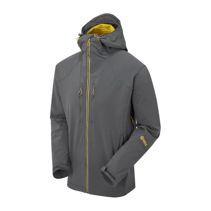 Gray Keela Hydron Softshell Jacket with yellow zipper and lining details