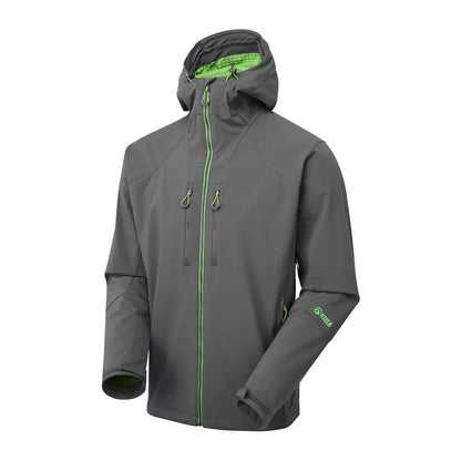 Gray Keela Hydron Softshell Jacket with green zipper and accents for style and comfort