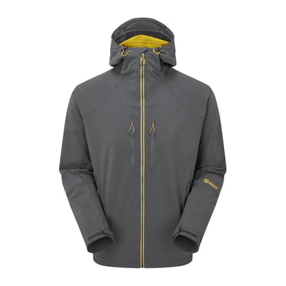 Gray Keela Hydron Softshell Jacket with yellow zipper and trim details