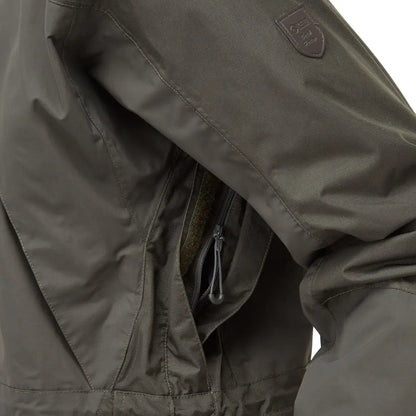 Olive green Keela Munro Jacket featuring a side zipper pocket for style and convenience