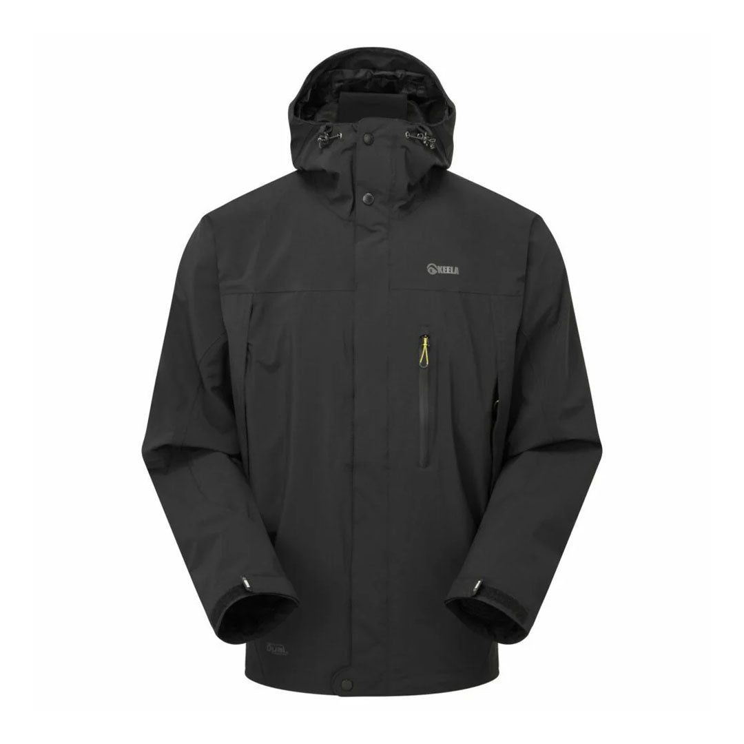 Black hooded waterproof Keela Prosport Jacket, featuring a 2-layer hard shell design