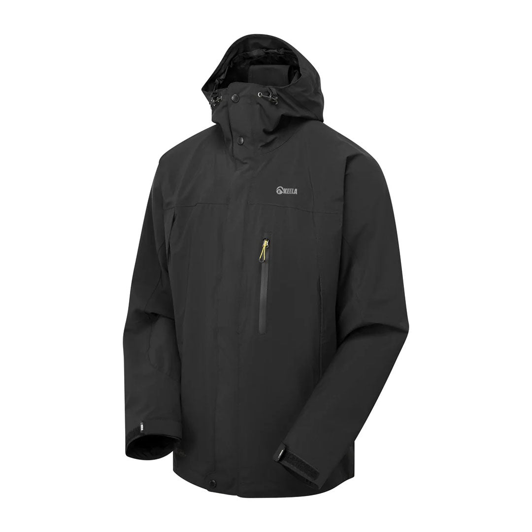 Black hooded waterproof Keela Prosport Jacket with a 2-layer hard shell design