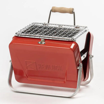 Red Kenluck Mini Grill with wooden handle, perfect for outdoor BBQ adventures