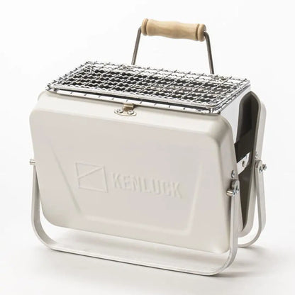 Portable silver Kenluck Mini Grill with wooden handle for outdoor BBQ fun
