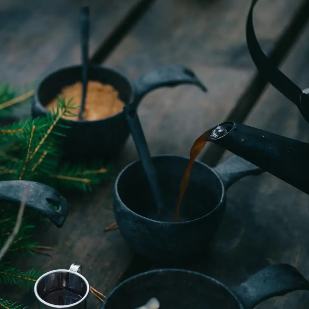Rustic metal mugs and teapot perfect for country clothing, hunting, and outdoors adventures