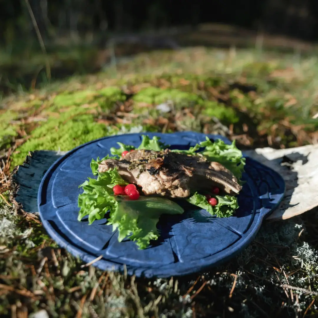 Prepared meat dish on a blue plate in a Kupilka Kaarna Medium Service Tray