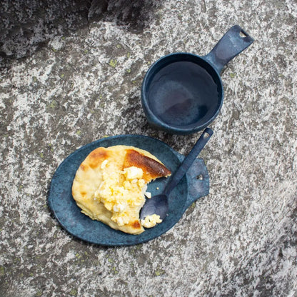 Blue ceramic breakfast set with Kupilka Small Plate for country clothing enthusiasts