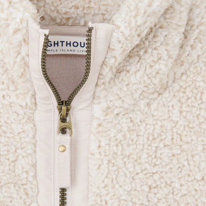 Close-up of Lighthouse Cobh zip fleece in cream sherpa fleece for country clothing style