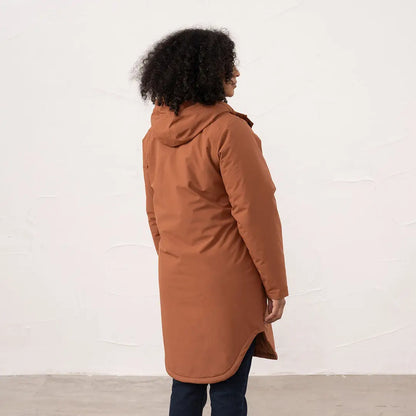 Lighthouse Imogen Ladies coat featuring a long rust-colored hooded parka style