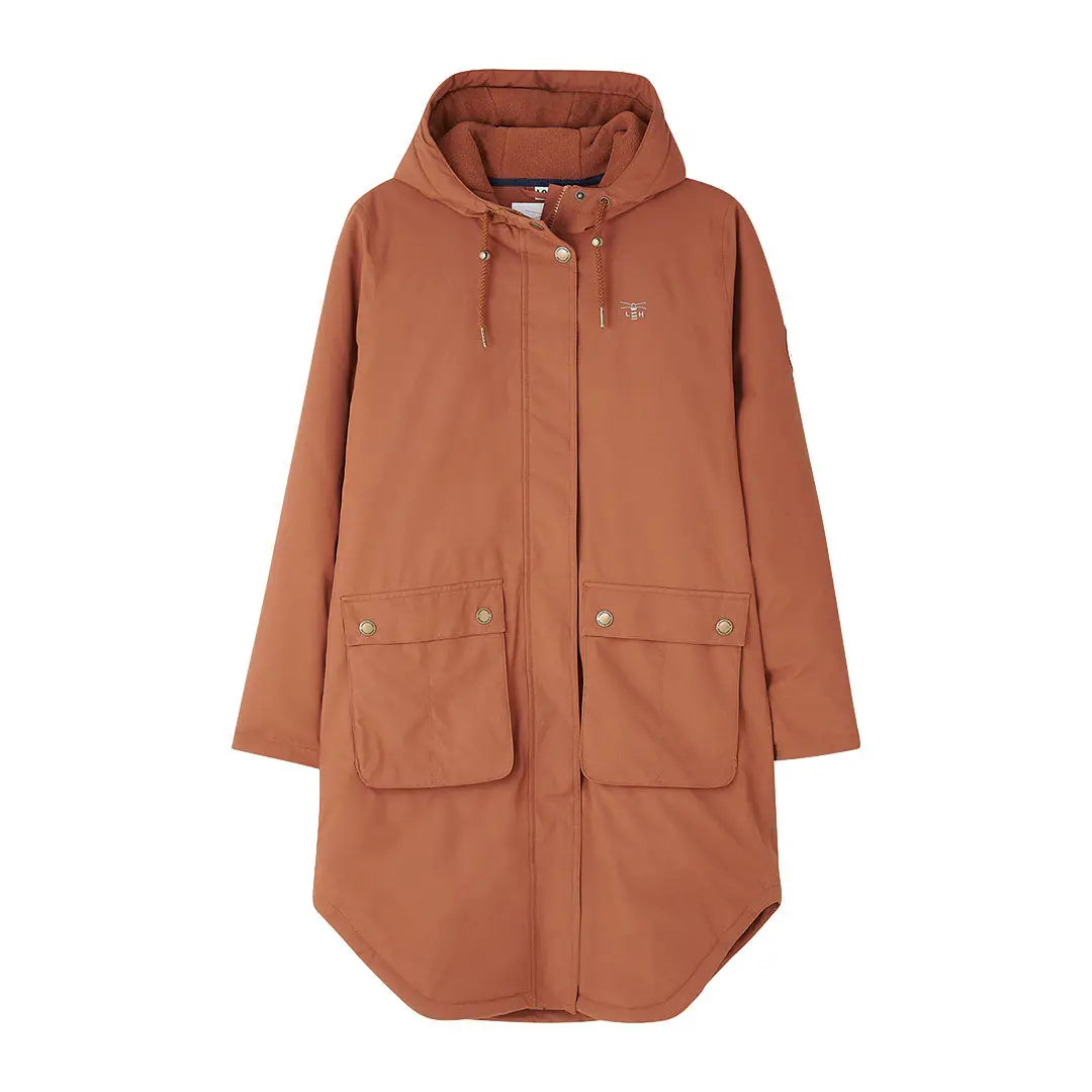 Rust-colored Lighthouse Imogen Ladies Coat with hood, pockets, and gold hardware