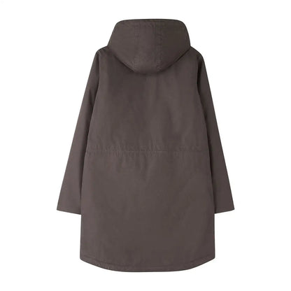 Dark brown Lighthouse Isobel Coat with hood, long sleeves, and adjustable waist