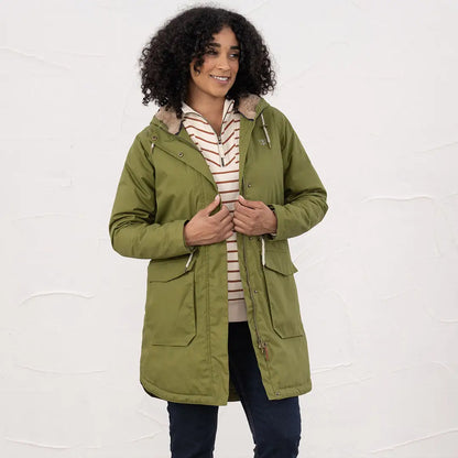 Lighthouse Isobel Coat in olive green with faux fur hood and pockets, perfect for fall