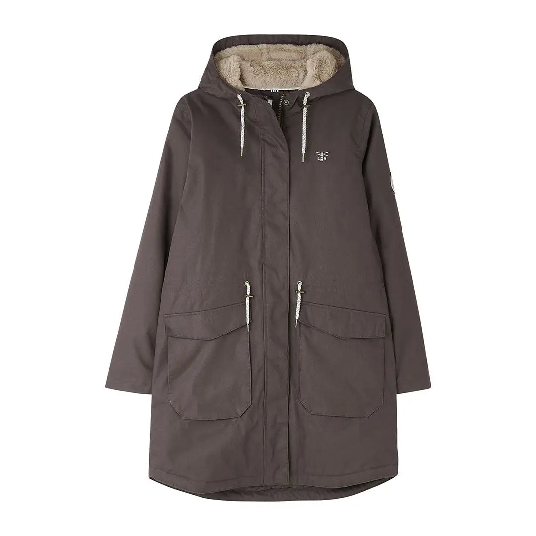 Long dark brown Lighthouse Isobel Coat with faux fur hood and large pockets