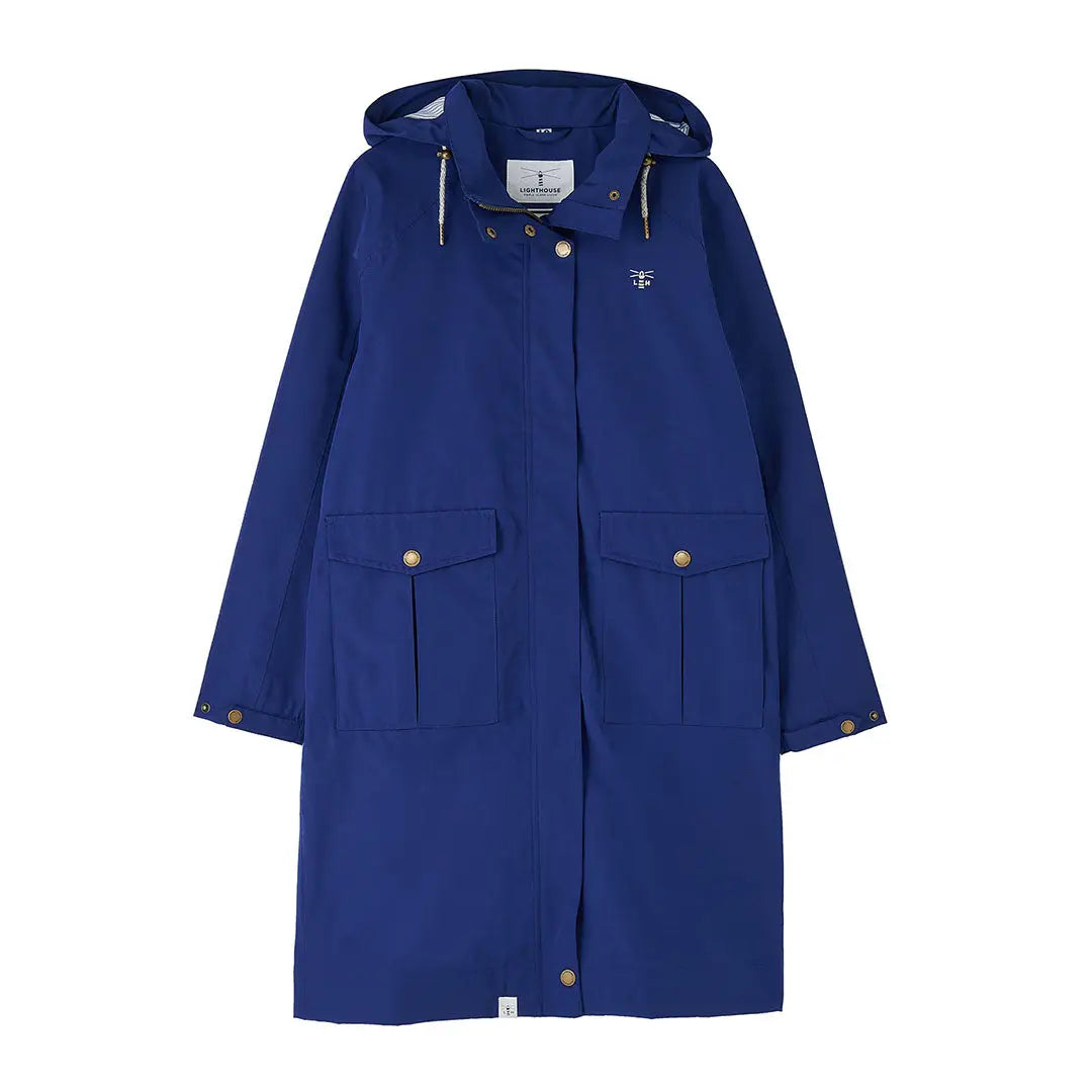 Blue hooded raincoat from the Lighthouse Ladies Annika collection, perfect for rainy days