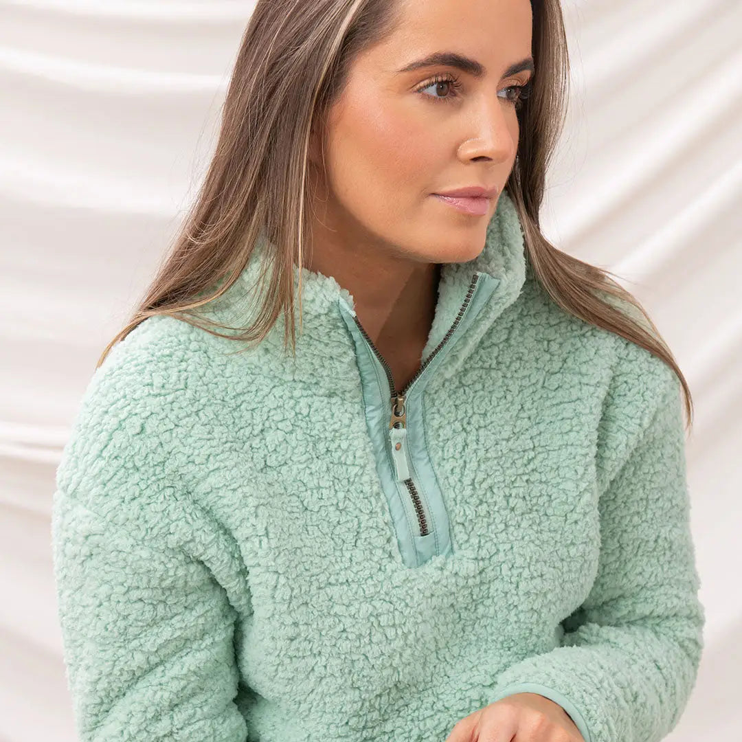 Mint green sherpa pullover from Lighthouse Ladies Bay, perfect for cozy days out