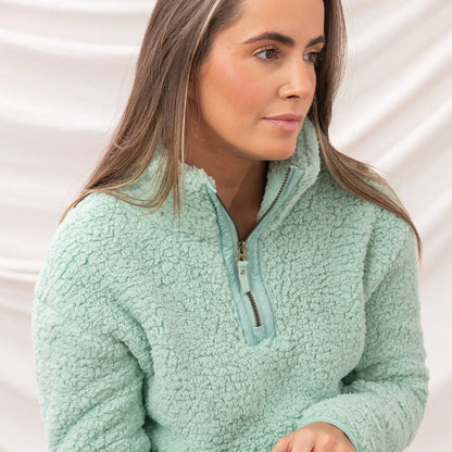 Mint green sherpa pullover from Lighthouse Ladies Bay, perfect for cozy days out
