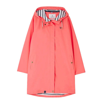 Coral-colored lighthouse ladies beachcomber long II coat with hood for ocean adventures