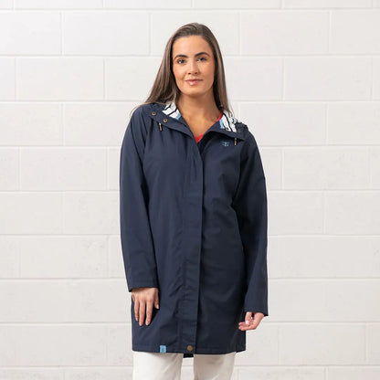 Navy blue Lighthouse Ladies Beachcomber Long II Coat with stylish striped lining