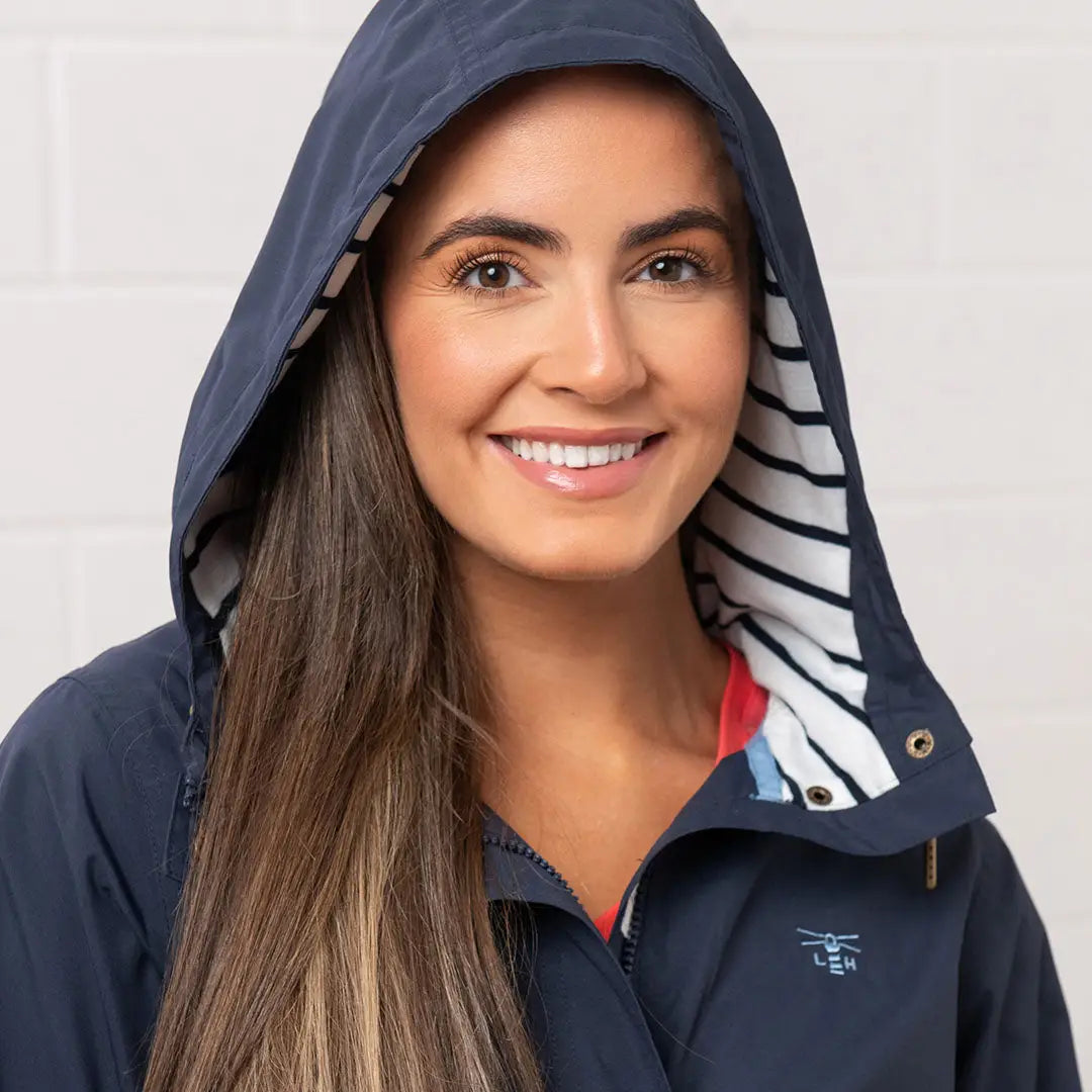 Navy hooded jacket with striped lining from Lighthouse Ladies Beachcomber Long II Coat