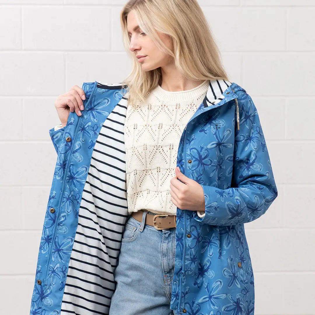 Blue floral raincoat from Lighthouse Ladies Beachcomber Long II Coat collection
