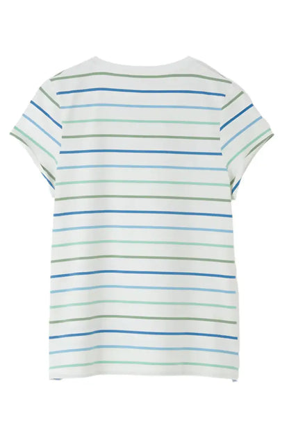White Lighthouse Ladies Causeway T-Shirt with horizontal blue, green, and gray stripes
