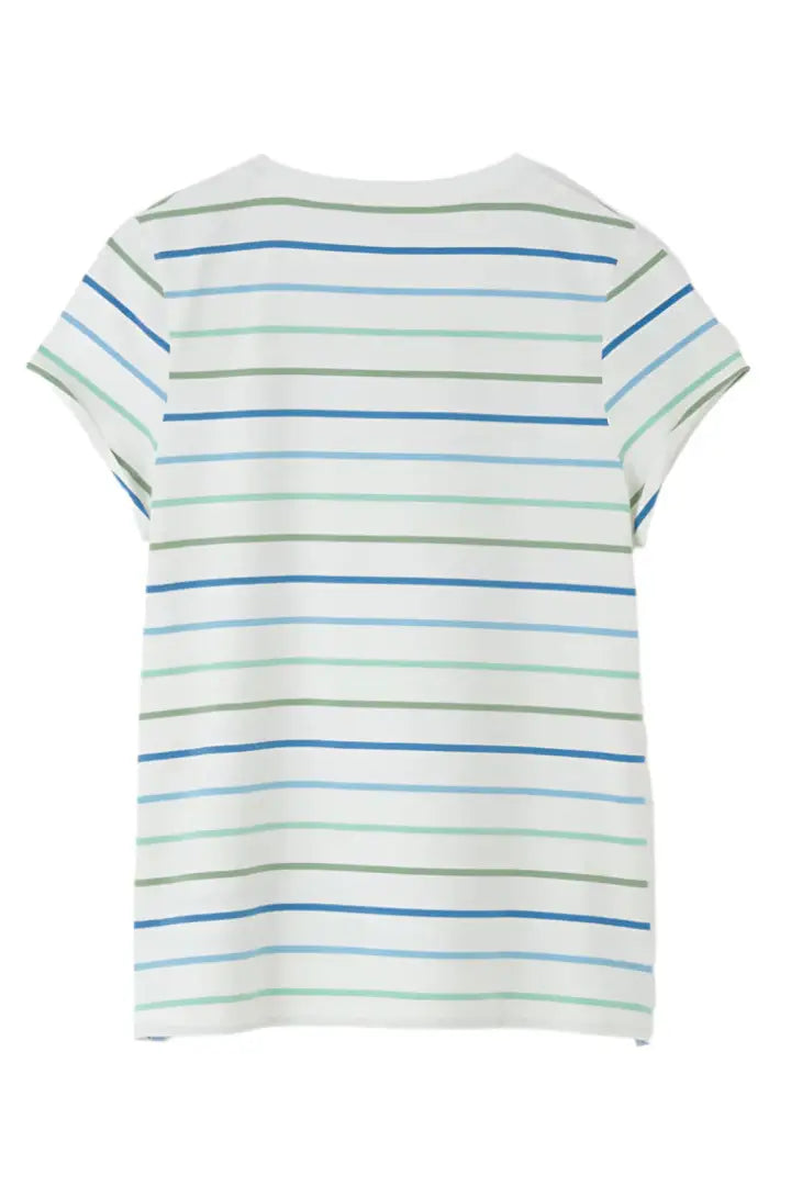White Lighthouse Ladies Causeway T-Shirt with horizontal blue, green, and gray stripes