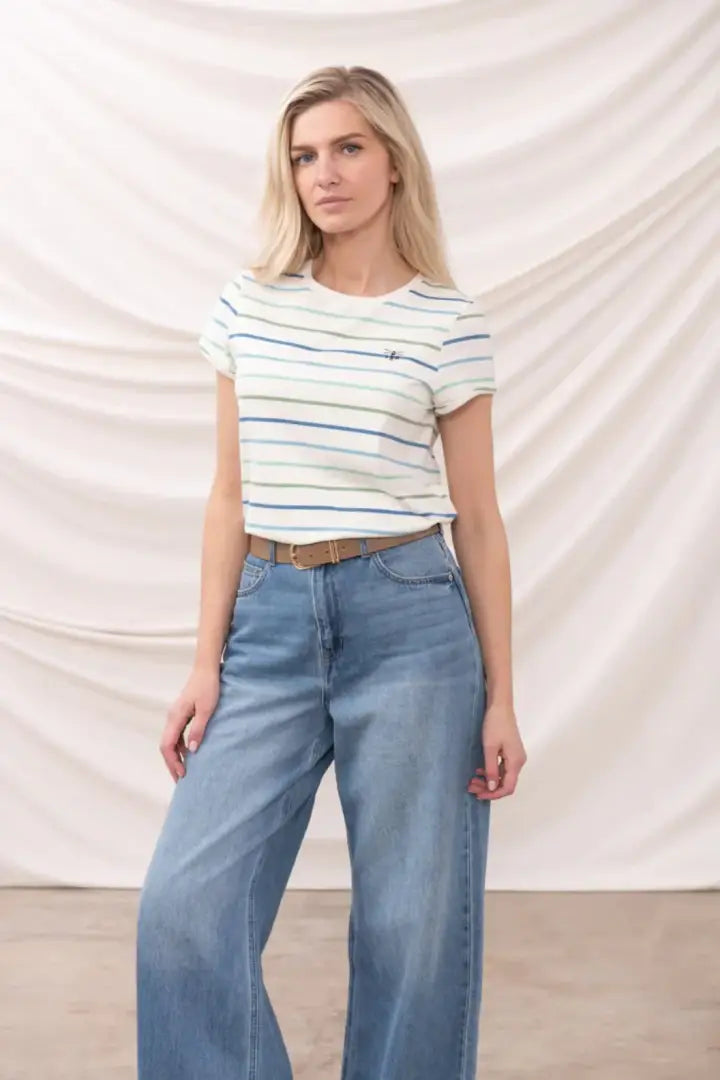 Women’s white and blue striped Lighthouse Ladies Causeway T-Shirt for casual wear