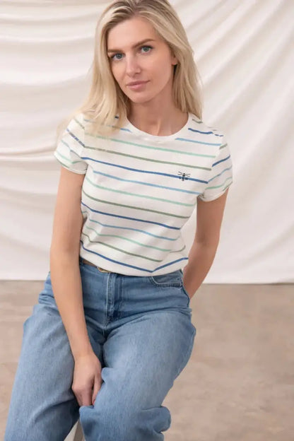 Lighthouse Ladies Causeway T-Shirt with blue and green stripes, casual women’s top