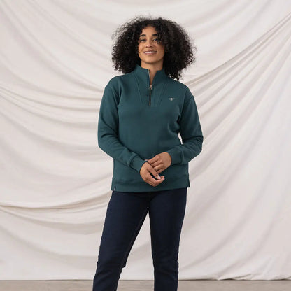 Lighthouse Ladies Coral Jersey sweatshirt with dark teal quarter-zip and stand-up collar