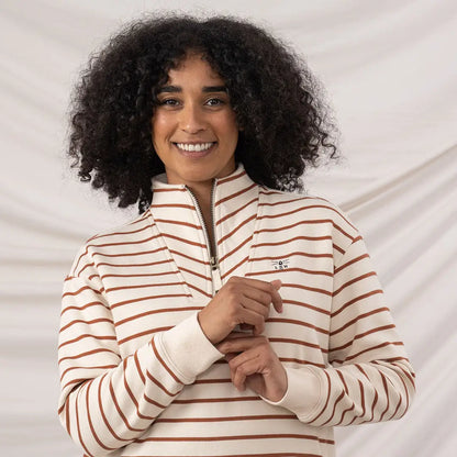 Lighthouse Ladies Coral Jersey top with cream and brown stripes for women