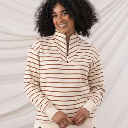 Women’s cream long-sleeve quarter-zip sweatshirt with brown stripes from Lighthouse Ladies Coral