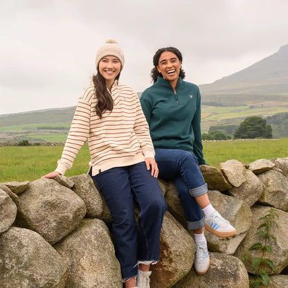 Two women wearing comfy lighthouse ladies coral jersey casual outfits