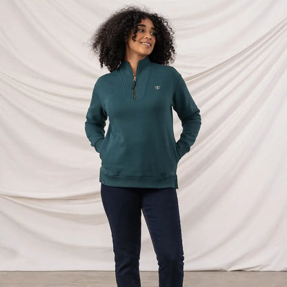 Lighthouse Ladies Coral Jersey sweatshirt with dark teal quarter-zip and embroidered logo