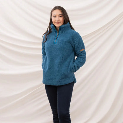 Lighthouse Ladies Coast Fleece half-zip teal pullover with brown sleeve patch