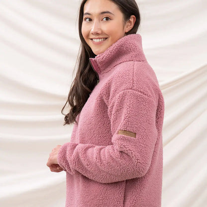 Lighthouse Ladies Coast Fleece half-zip pullover with pink textured fleece and small brown patch