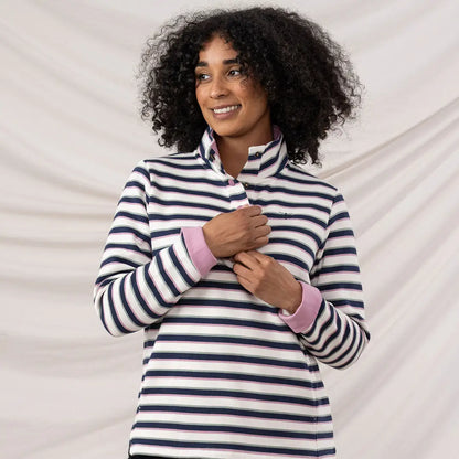 Lighthouse Ladies Haven II Jersey long-sleeved navy and white striped top with pink cuffs
