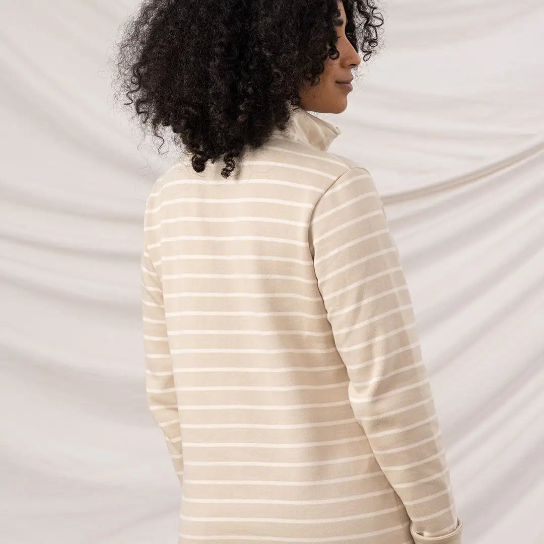 Lighthouse Ladies Shore II Jersey tan and white striped long-sleeve polo shirt