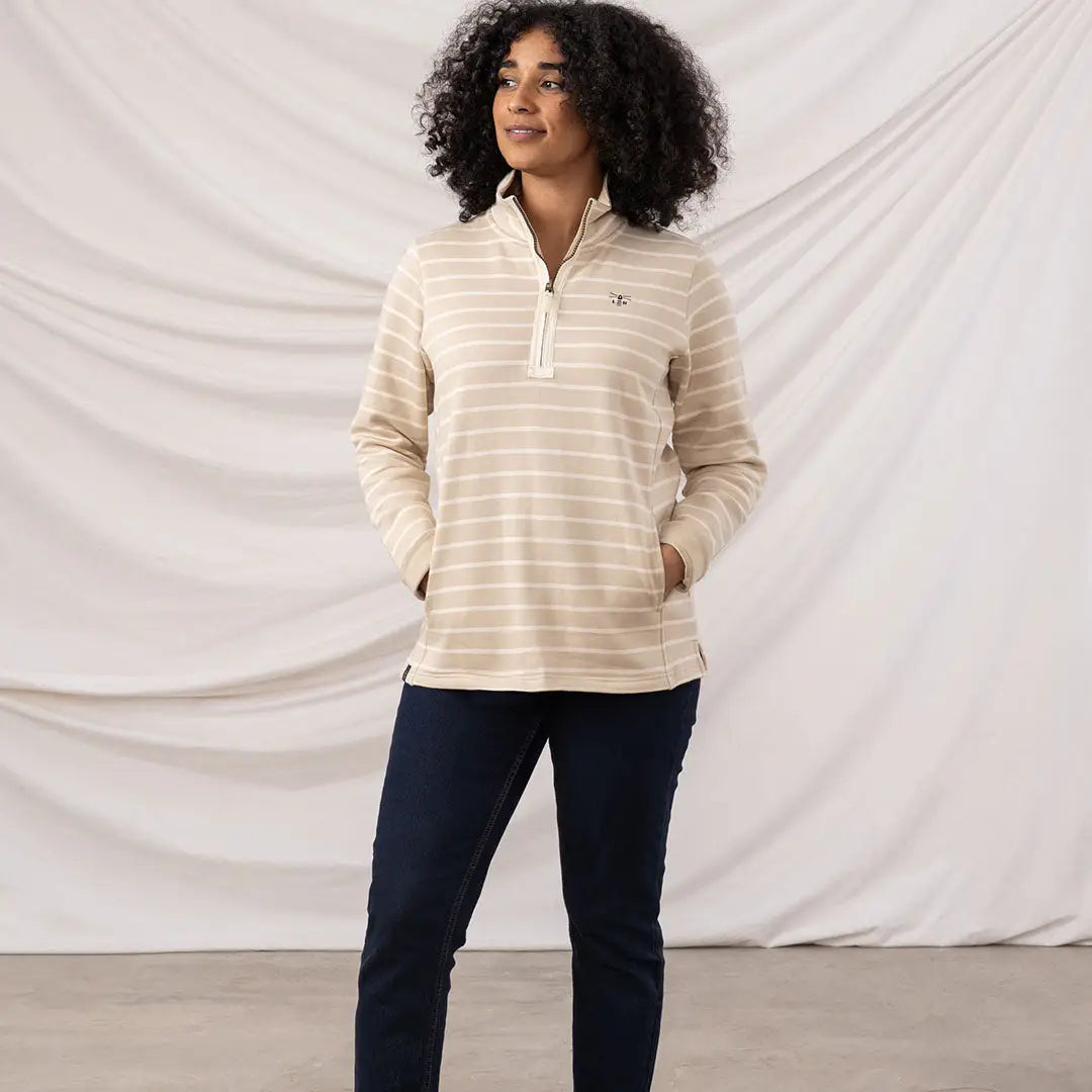 Women’s beige and white striped quarter-zip pullover from Lighthouse Ladies Shore II Jersey