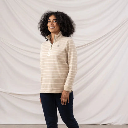 Women’s beige and white striped quarter-zip top from Lighthouse Ladies Shore II Jersey
