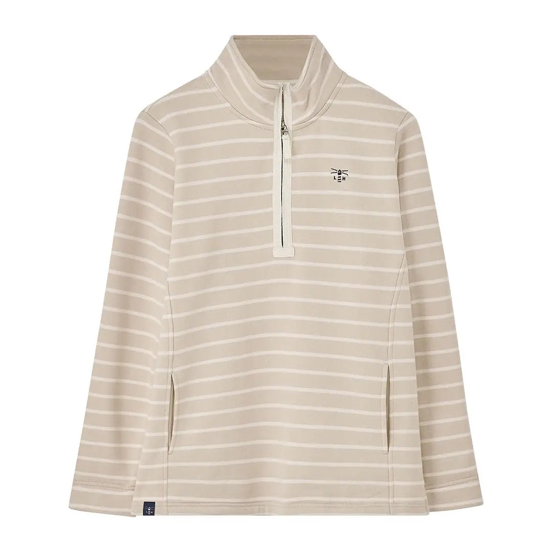 Beige and white striped Lighthouse Ladies Shore II Jersey quarter-zip top with side slits